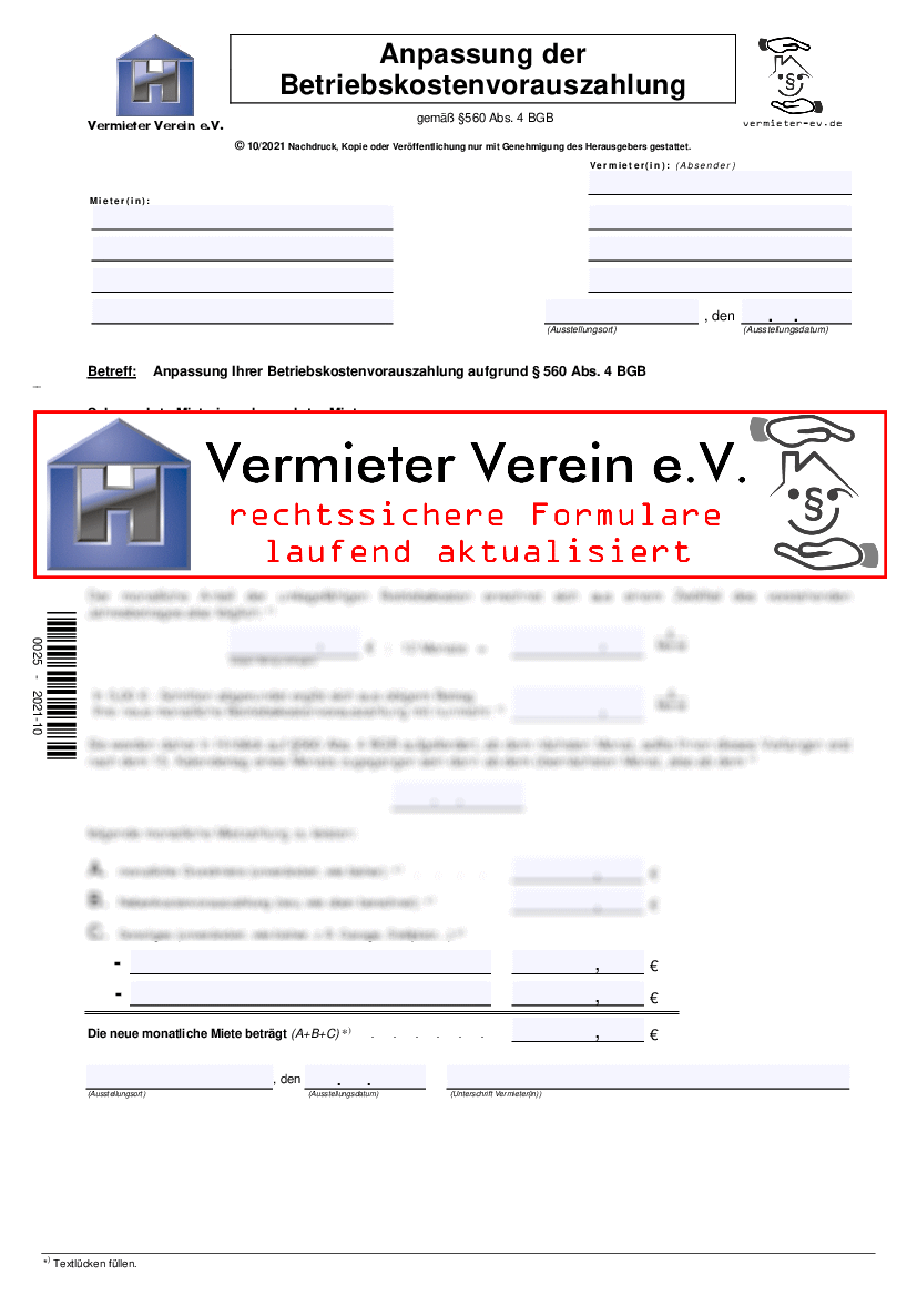 Anpassung Betriebskosten